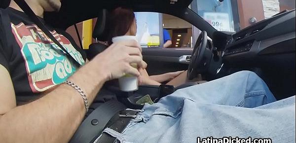  GFs tits out giving handjob while driving